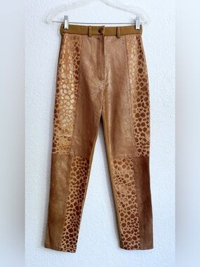 Art To Wear Brown Suede Leather Patchwork Animal Print Pants Small Boho Artisan